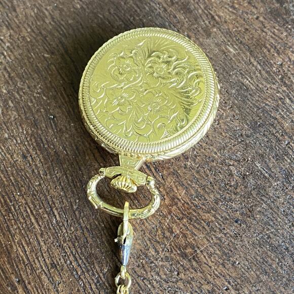 Bucherer Gold Tone Floral Engraved Pendant Pocket Watch w/ Chain *Read* - Picture 7 of 12